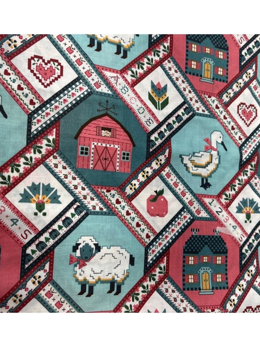 Cranston Print Works Fabric 20" x 44” Farmhouse Quilted Barn Sheep Apple